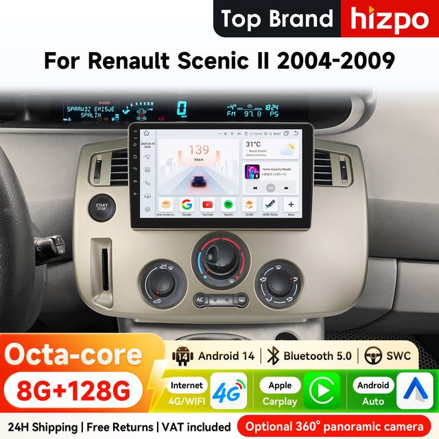 Hizpo 9 Zoll 2Din Android Autoradio für Renault Scenic II 2004 - 2009 mit Snapdragon 6115, CarPlay, 4G, Bluetooth, WiFi, GPS Navigation und 360 Grad Kamera in Schwarz - Bild 1