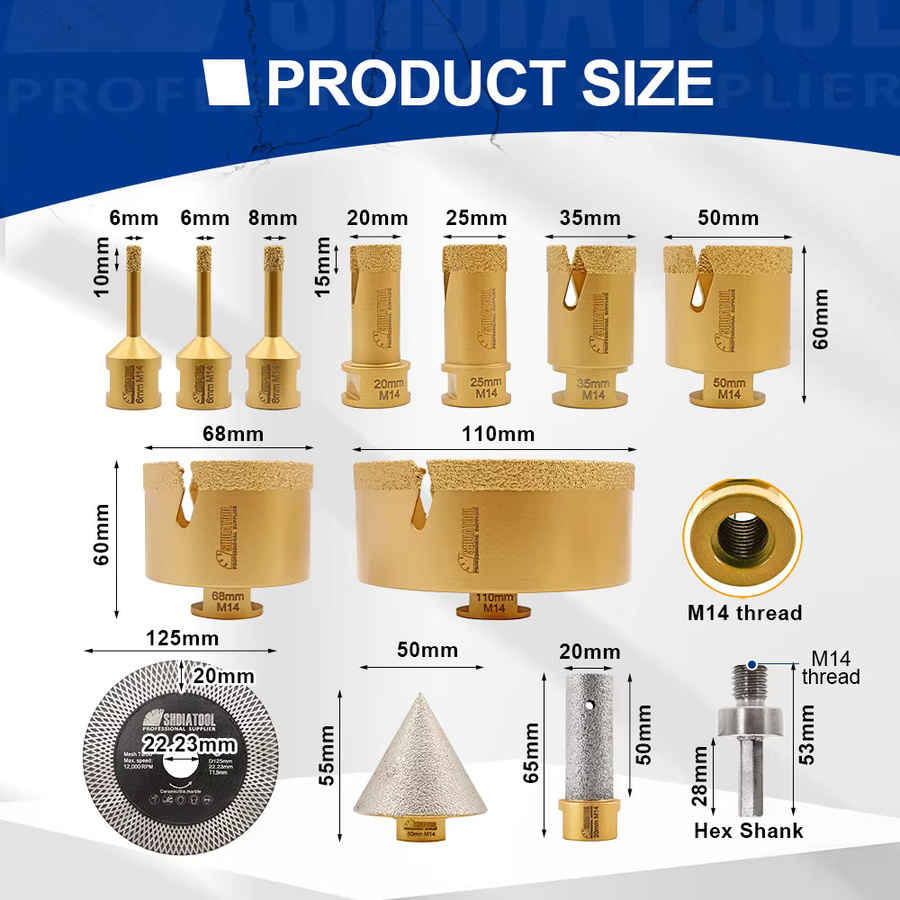 SHDIATOOL 13-teiliges Diamantbohrer-Set in Gold mit Lochsägen 6–110 mm, Fräser, Fase, Trennscheibe und Sechskant-Adapter für Fliesen - Bild 2
