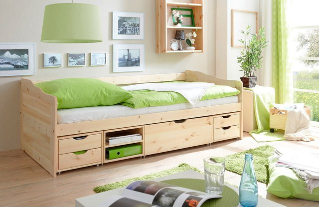 TiCAA Sofabett Marlies Funktionsbett Gästebett aus Kiefer Natur mit Auszugsschublade und Beigefarbenen Polstern - Bild 1