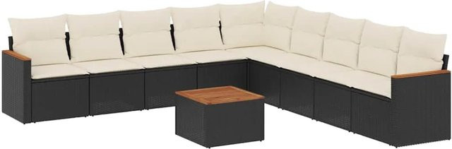 vidaXL 10-teilige Garten-Sofagarnitur mit Kissen aus Poly-Rattan und Akazienholz in Schwarz - Bild 1