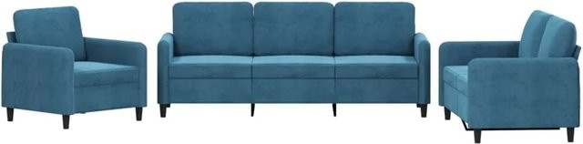 vidaXL Sofagarnitur 3-teilig aus Samt in Blau mit Sessel, 2-Sitzer-Sofa, 3-Sitzer-Sofa und 6 Kissen - Bild 1
