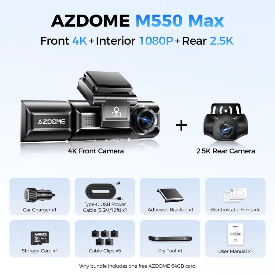 AZDOME M550 Max Dash Cam mit 4K Auflösung, GPS und WiFi, 150 Grad Sichtfeld, 24H Parkplatz-Überwachung und Nachtsicht, Schwarz - Bild 7