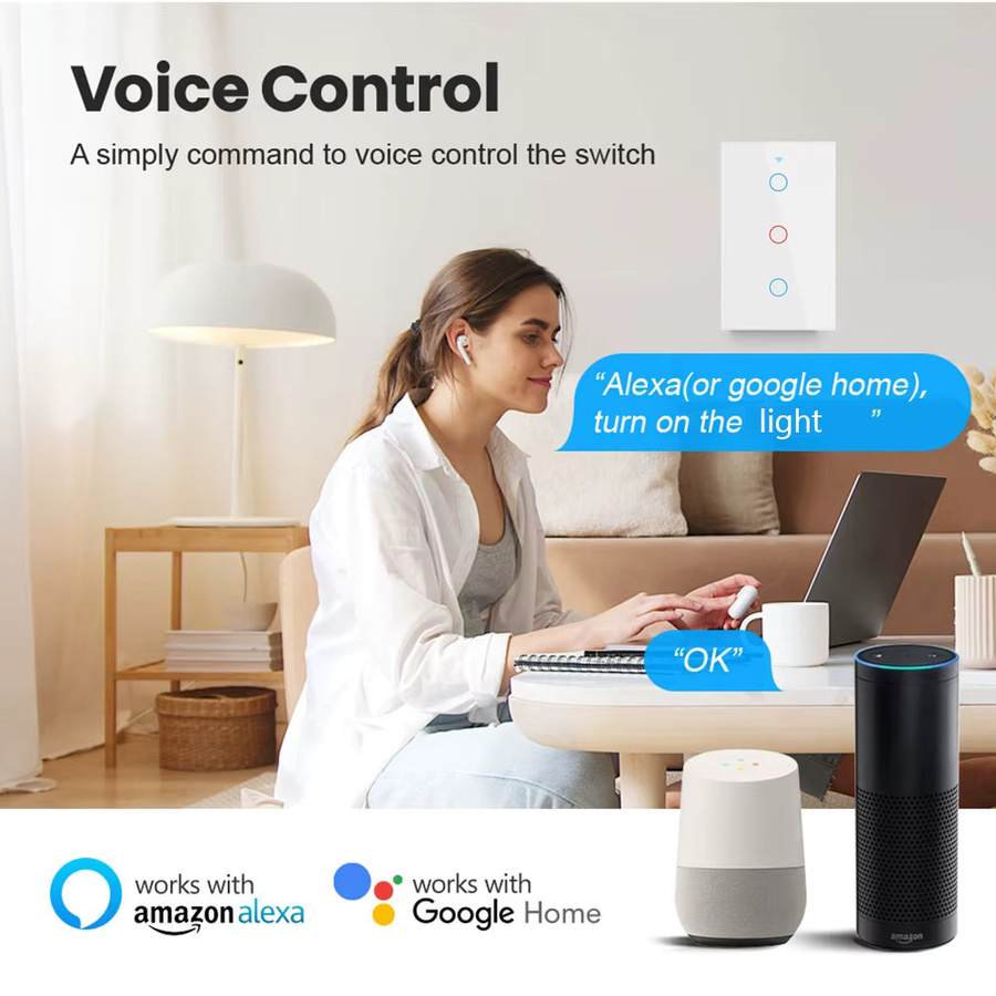 Tuya US WLAN Smart Wandschalter RF433 mit Touch-Sensor und LED-Lichtschalter, 1/2/3/4-fach, ohne Neutralleiter, kompatibel mit Alexa und Google Home - Bild 2