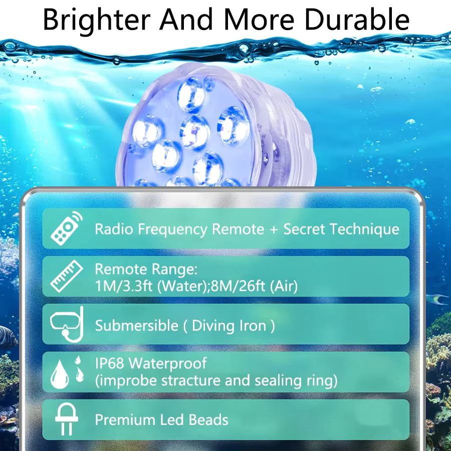 RGB LED Unterwasser Licht mit 10 LEDs, batteriebetrieben, bunt, für Garten, Schwimmbad und Dekoration in Vasen oder Schalen - Bild 4