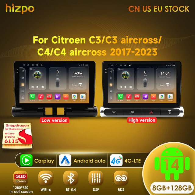 Hizpo Autoradio mit Carplay, Android Auto, GPS und 4G für Citroen C3 C4 Aircross (Brasilien) 2017–2023 in Schwarz - Bild 1