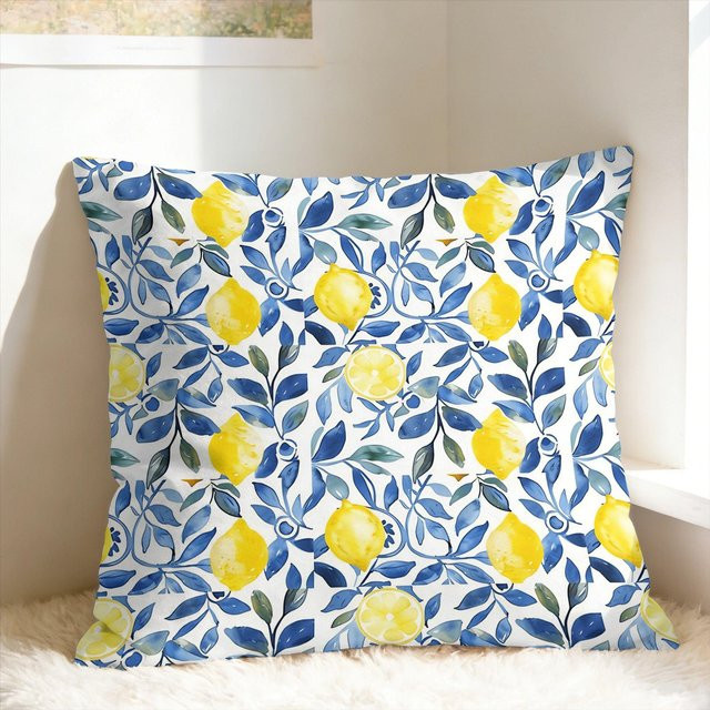 JMG Clothing Kissenbezug mit Zitronen- und blauem Blumenmuster in Multicolour und Weiß, B/T: 45 x 45 cm - Bild 1