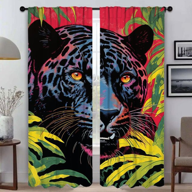 2er-Set Leoparden-Vorhänge aus Tüll mit Grafik-Design für Wohnzimmer und Schlafzimmer, Mehrfarbig, Breite: 50 cm, Höhe: 70 cm - Bild 1