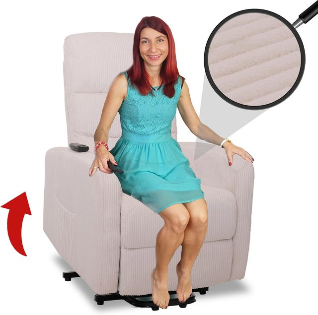 MCW Fernsehsessel K62 mit Liegefunktion und Aufstehhilfe aus Cord in Creme-Weiß - Bild 1
