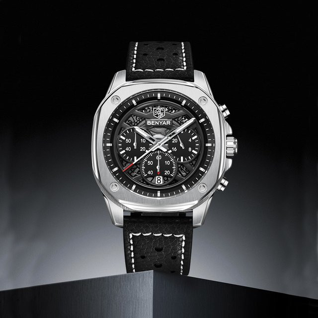 BENYAR Chronograph, Quarz, Edelstahl, Leder, Schwarz, Herren - Bild 1