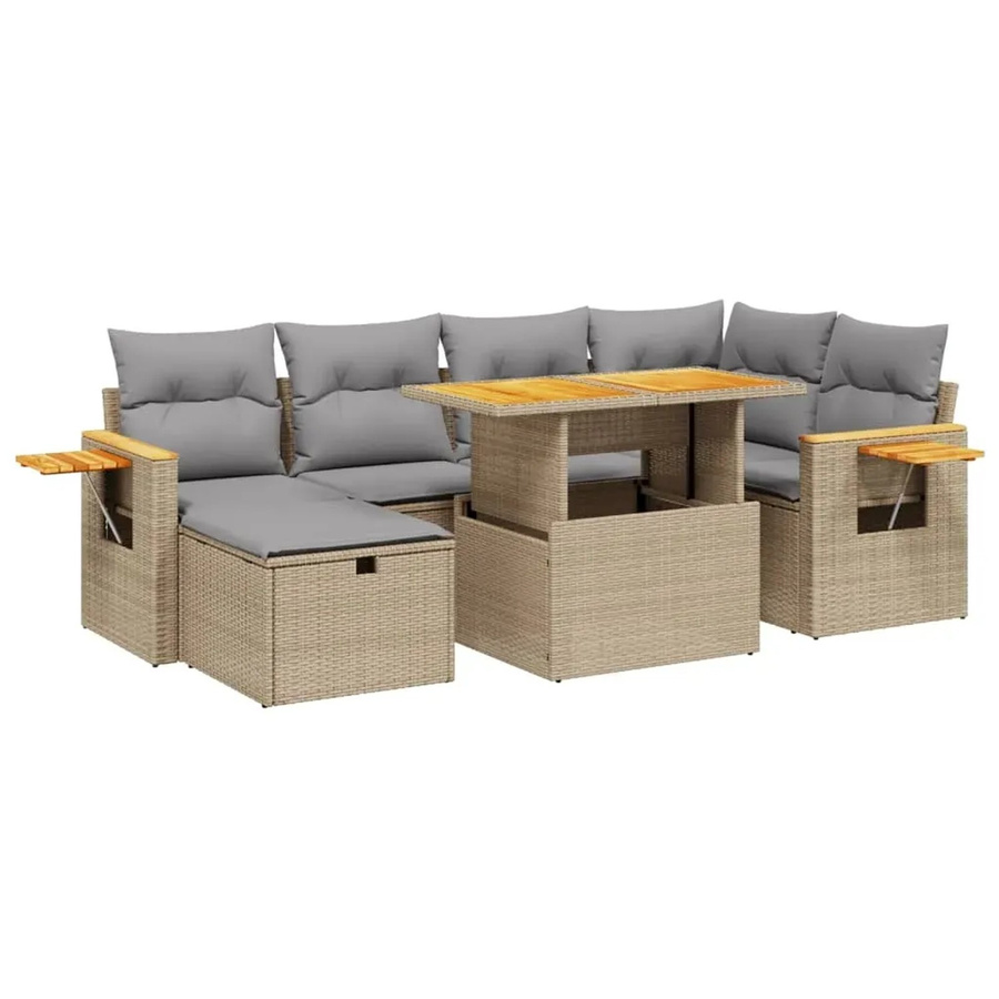 vidaXL 7-teilige Garten-Sofagarnitur in L-Form mit Kissen und Couchtisch, Beige, Poly-Rattan mit Metallgestell - Bild 2