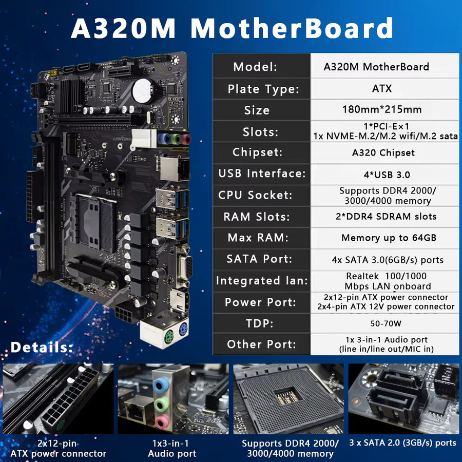 AIBOMAN AMD A320M Mainboard AM4 DDR4 Schwarz mit USB 3.0 und NVMe SATA M.2 Unterstützung - Bild 2