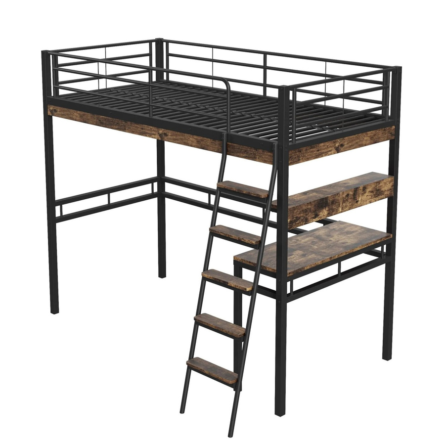 KOMHTOM Hochbett für Kinder mit Schreibtisch, Regalen, Geländer und Leiter aus Metall und MDF, Farbe: Schwarz, B/T/H: 90 x 200 x 180 cm - Bild 2