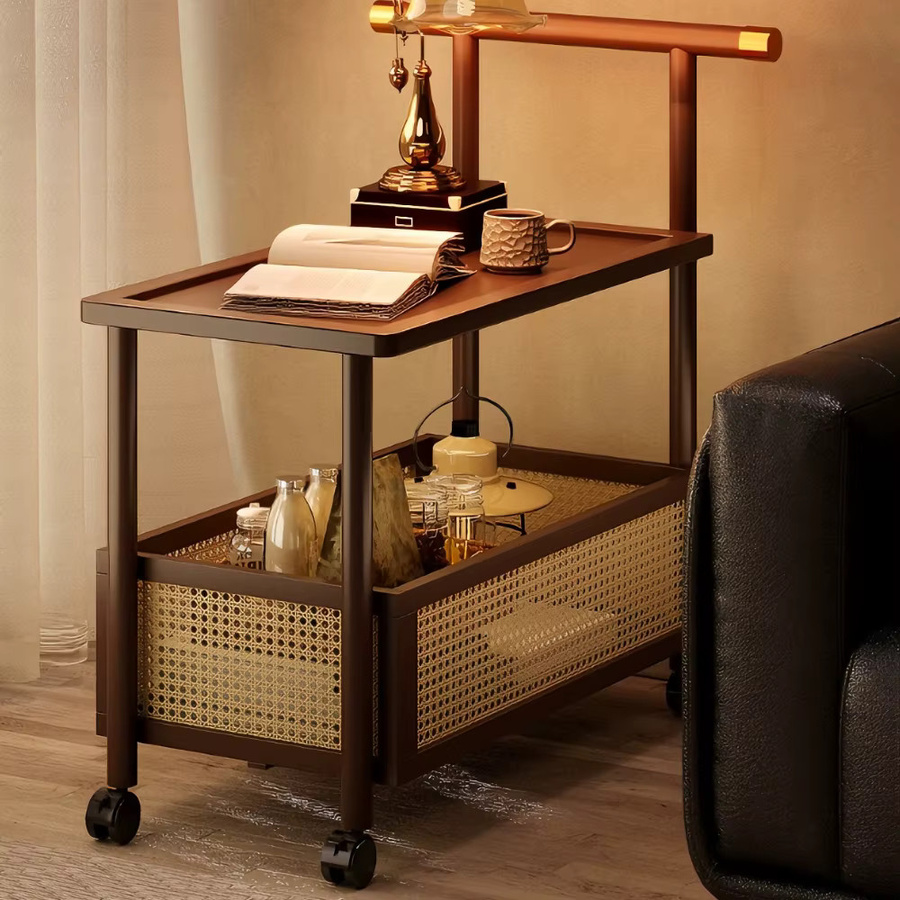 LIUSHADUOLA Mobiler Beistelltisch in Antik-Optik mit Rattan und Rollen, braun, Rechteckig, B/T/H: 70 x 50 cm - Bild 3