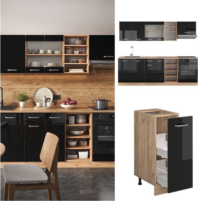 Vicco Küchenzeile R-Line in Schwarz und Eiche mit Goldakzenten, Breite: 240 cm - Bild 1