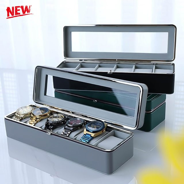 CAOWTAN Tragbare Uhrenbox aus Leder mit 6 Fächern für Herren in Braun mit Reißverschluss und geometrischem Design - Bild 1