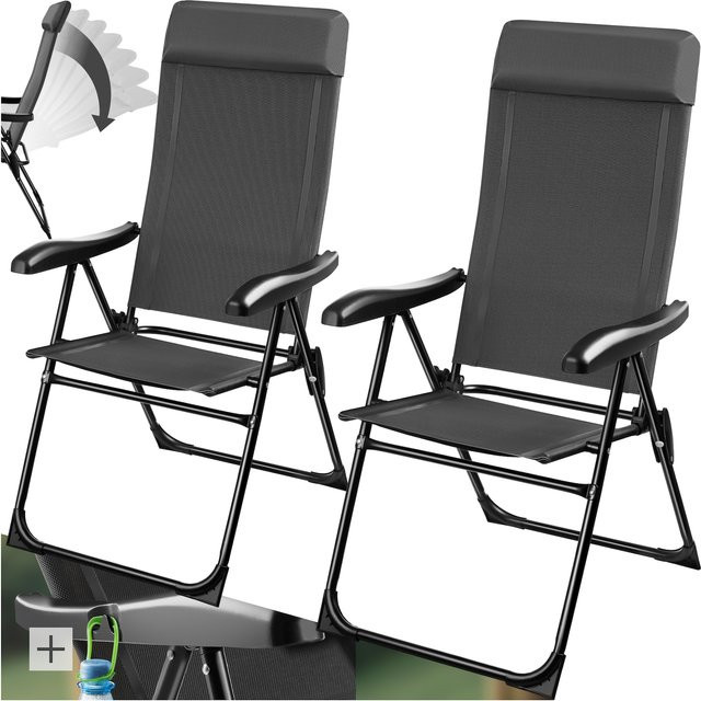 tectake Campingstuhl Müritz 2er Set aus Textilene in Anthrazit mit verstellbarer Rückenlehne und Kopfpolster, B/T/H: 65 x 57 x 112 cm - Bild 1