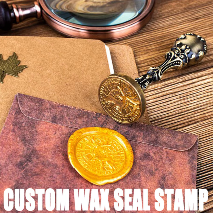 Personalisierter Wachssiegelstempel aus Messing mit 2 Initialen und Ornament-Kranz in Gold für Umschläge, Hochzeiten und Einladungen - Bild 5