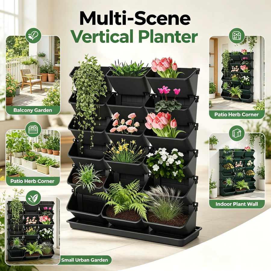 18-teiliger vertikaler Wandpflanzer mit Selbstbewässerung, modularer Pflanzsystem aus Kunststoff für Balkon und Garten, Schwarz oder Grün - Bild 2