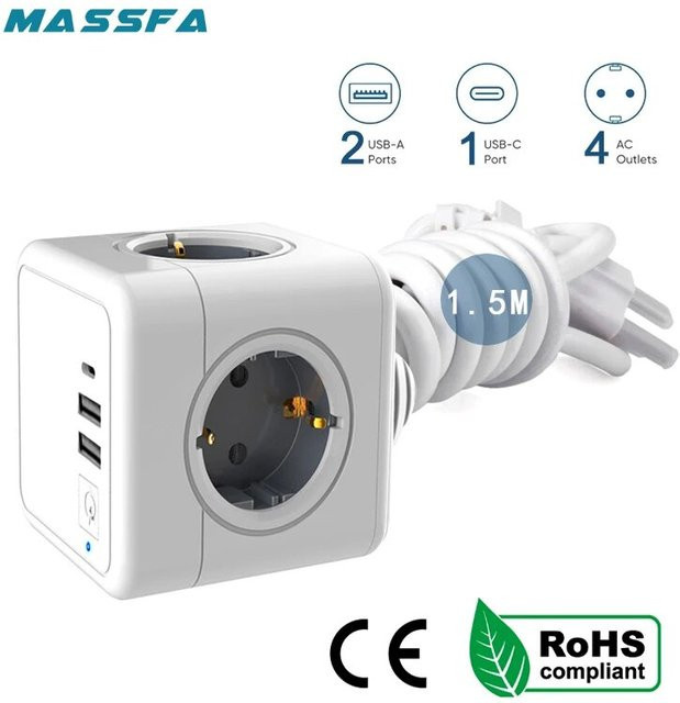 MASSFA Steckdosenleiste mit 4 AC-Steckdosen, 2 USB-Anschlüssen und 1 USB-C Anschluss in Weiß mit 1,5 m Kabel und Schalter - Bild 1
