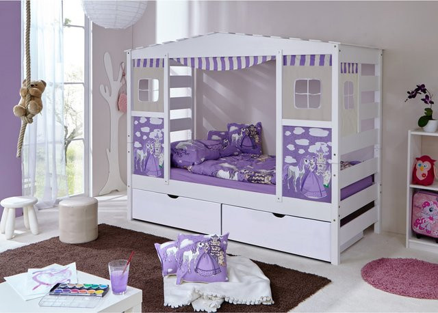 TiCAA Hausbett für Kinder aus Kiefer mit Bettkasten in Weiß und Lila mit floralem Design - Bild 1