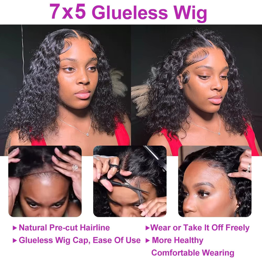 HJ WEAVE BEAUTY Echthaar-Perücke, kurzer Bob, Wasserwelle, HD-Spitze, Damen - Bild 2