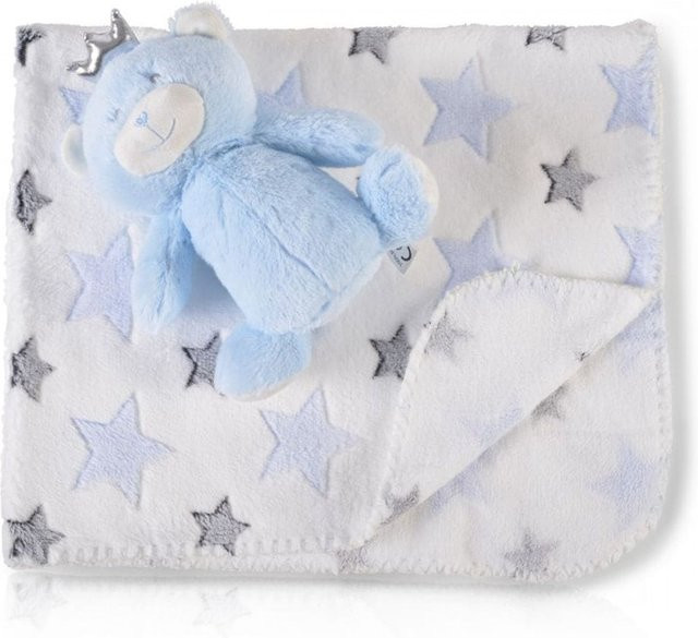 Cangaroo Babydecke mit Plüschtier in Blau und Weiß, kuschelige Fleece Krabbeldecke mit geometrischem Muster, B/B: 90 x 75 cm - Bild 1