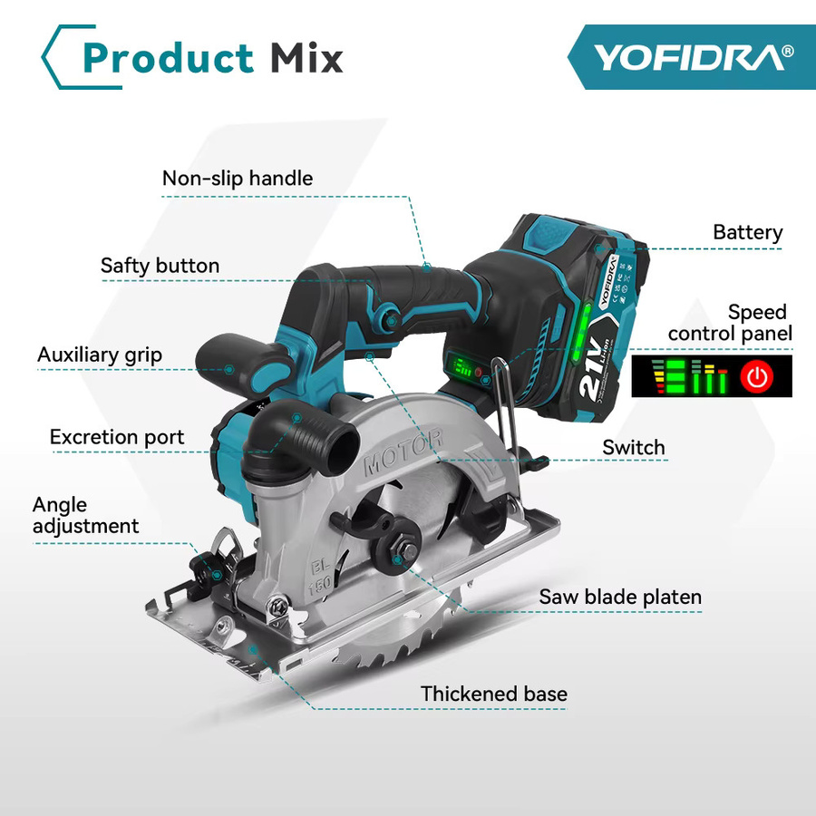 YOFIDRA Bürstenlose elektrische Kreissäge Blau, handgeführte Multifunktions-Elektrosäge für Makita 21V Akku, Durchmesser: 150 mm - Bild 2