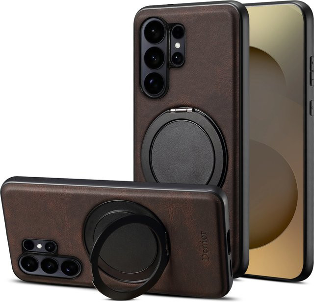 Denior Vintage Lederhülle für Samsung Galaxy S26 S25 S24 S23 mit drehbarem magnetischem Ringständer in Schwarz oder Braun - Bild 1
