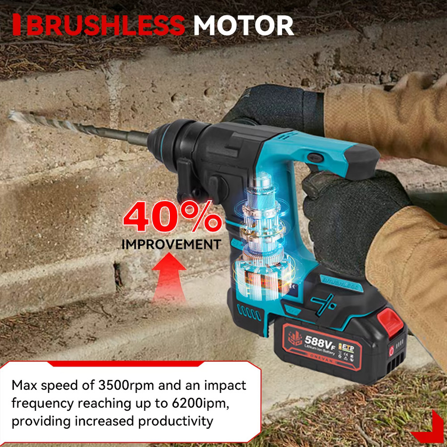 ONEVAN Bürstloser Akku-Schlagbohrhammer 27mm Multifunktions-Bohrhammer kompatibel mit Makita 18V LXT Akkus - Bild 2