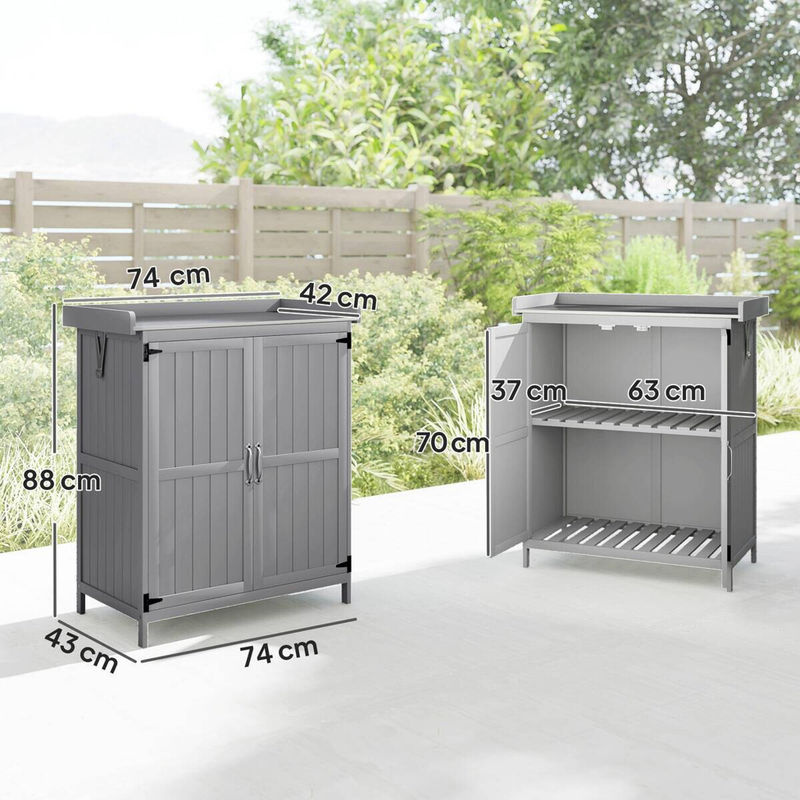 Outsunny Gartenschrank aus Holz und Edelstahl in Grau mit Klappdach und Ablagen, B/T/H: 74 x 43 x 88 cm - Bild 4
