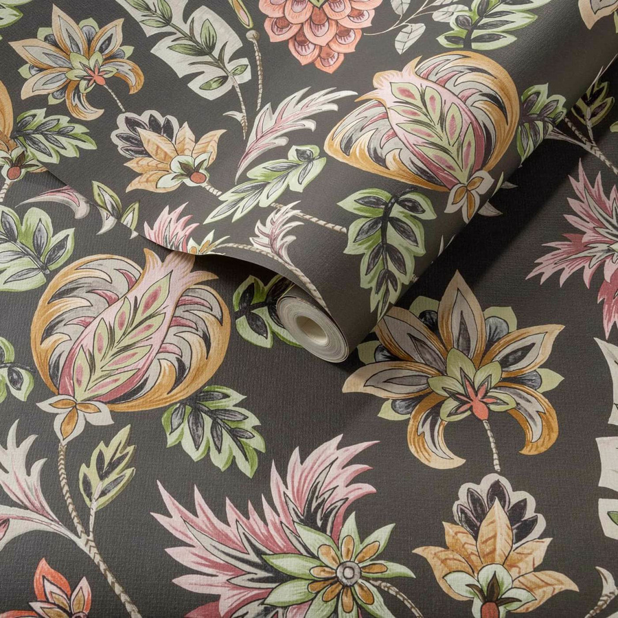Clarke & Clarke Tapete Sizergh Charcoal in Floral-Design mit botanischem Muster, Non-Woven, Grau und Braun - Bild 1