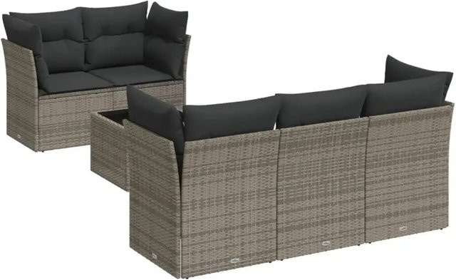 vidaXL 6-teilige Garten-Sofagarnitur in U-Form aus grauem Poly-Rattan mit Kissen und Gartentisch - Bild 1