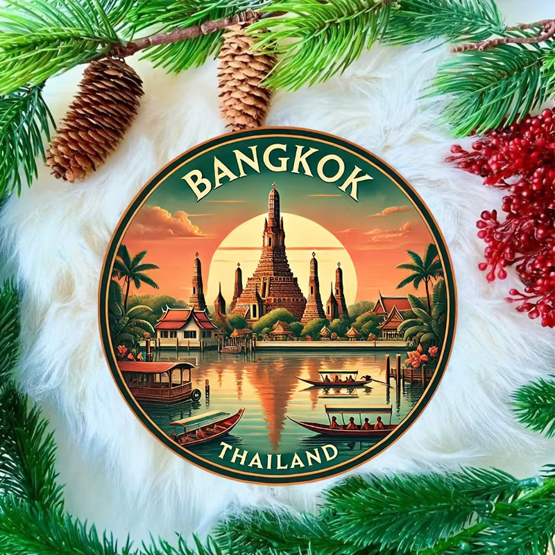 Potdemiel Vintage Bangkok Thailand Rundes Metall-Wandkunstschild aus Aluminium mit Wat Xieng Tanga Motiv, Durchmesser: 20,32 cm, Mehrfarbig - Bild 5