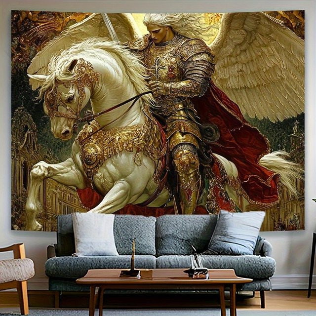 Erzengel Michael Wandteppich mit mittelalterlicher gotischer Kampfszene in Gold und Multicolour, religiöse Wandkunst von Cool Studio, Breite: 70 cm, Höhe: 100 cm - Bild 1