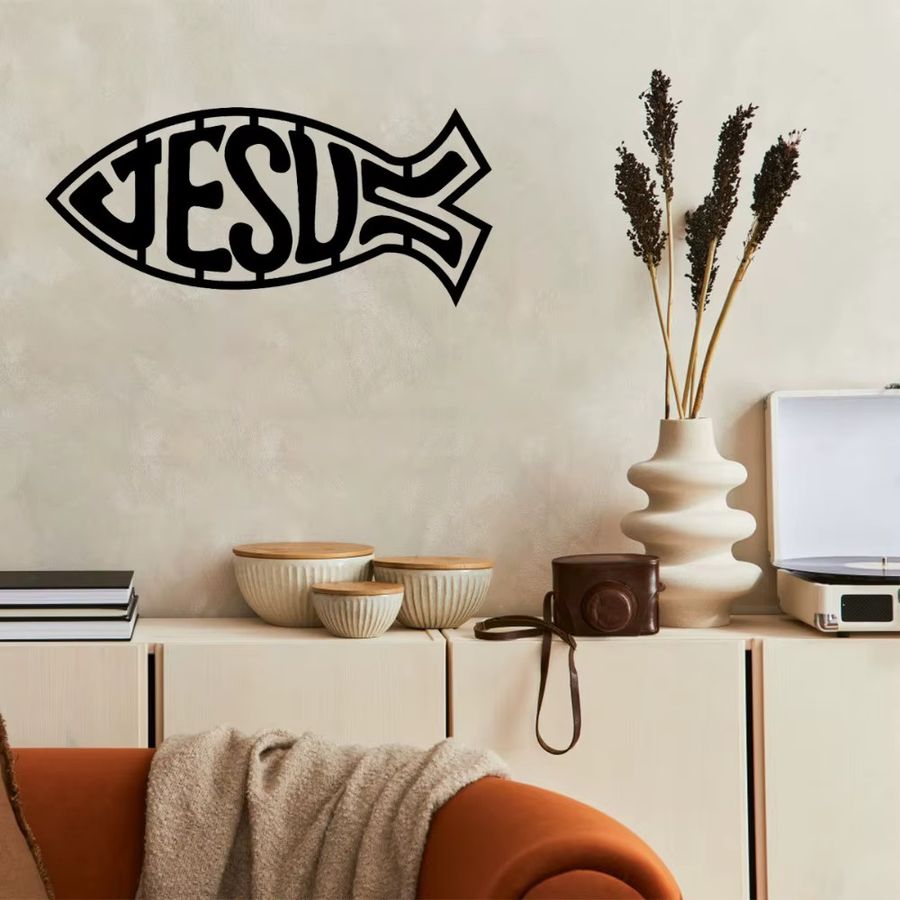 CIFbuy Metall-Jesus-Fisch Wandkunst Ichthys-Symbol als dekorative Eisen-Skulptur in Schwarz - Bild 2