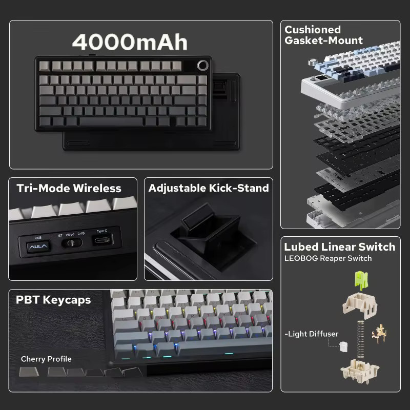 AULA F75 Max Mechanische Gaming-Tastatur mit TFT-Bildschirm und Drehregler, Kabellos via Bluetooth oder 2,4GHz sowie Kabelgebunden, 81 Tasten - Bild 3