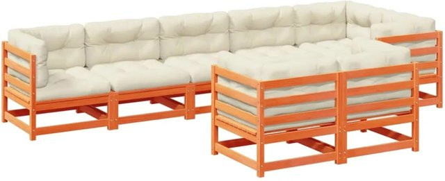 vidaXL 8-teilige Garten-Sofagarnitur L-Form aus wachsbraunem Kiefernholz mit Kissen in Beige - Bild 1