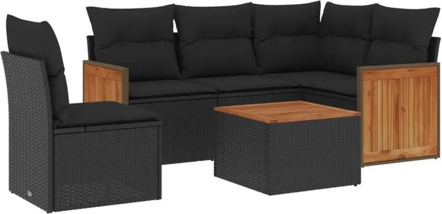 vidaXL 6-tlg Garten-Sofagarnitur in L-Form aus Polyrattan und Akazienholz mit Kissen, Schwarz - Bild 1