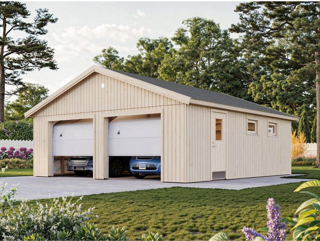 Palmako Garage Andre Nordic+ aus Fichtenholz mit Sektionaltoren, Unbehandelt, B: 665 cm, T: 739 cm - Bild 1