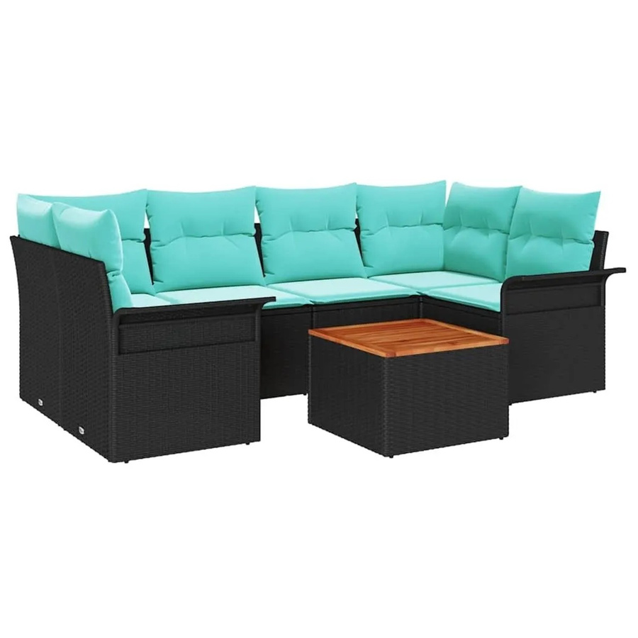 vidaXL Gartensofa-Set 7-teilig aus Poly-Rattan in Schwarz und Türkis mit Polsterung und Gartentisch - Bild 2