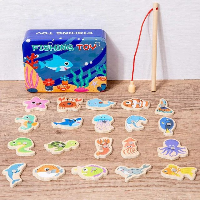Yiran Health & Beauty Montessori Holzfischerspiele Meeresleben Lernspielzeug für 3-6 Jahre - Bild 1