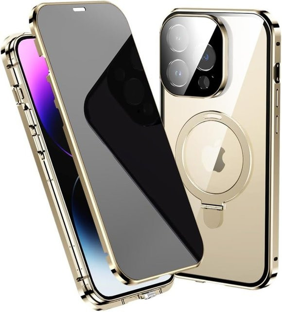 Magnetische Schutzhülle mit Anti-Spionage Blickschutz und Metall-Bumper für iPhone 17 16 15 14 13 Pro Max inklusive MagSafe-Ring in Orange - Bild 1