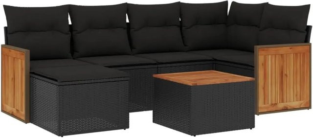 vidaXL 7-teilige Garten-Sofagarnitur in L-Form aus schwarzem Poly-Rattan mit Kissen und pulverbeschichtetem Stahlrahmen - Bild 1