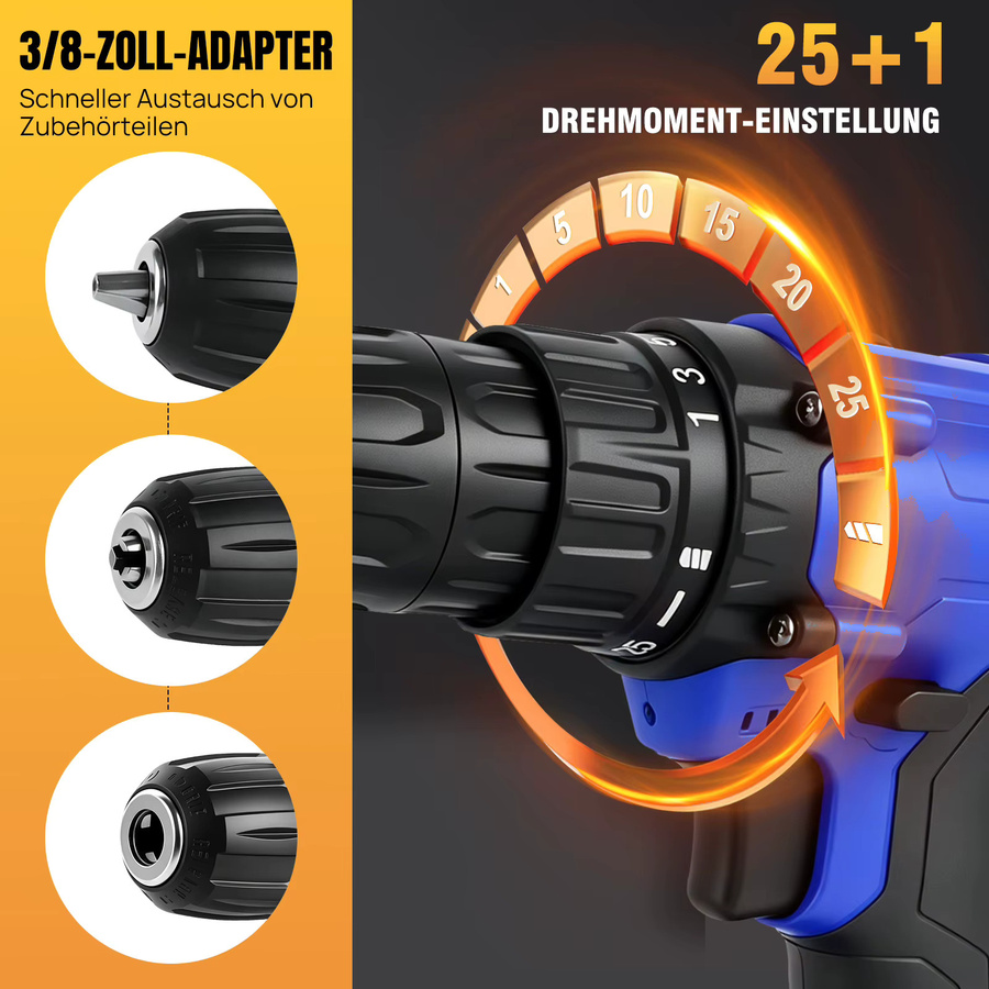 BRIEFNESS Akku-Bohrschrauber in Blau mit 200Nm Drehmoment, 21V, 1500mAh Li-Ionen-Akku, 3/8-Zoll-Bohrfutter, 25+1 Drehmomentstufen und 2 Geschwindigkeiten inklusive Koffer - Bild 5