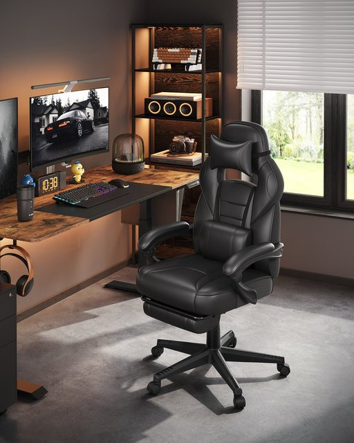 Ergonomischer SONGMICS Gaming-Stuhl in Schwarz mit Kopfstütze und Armlehnen aus Kunstleder - Bild 1