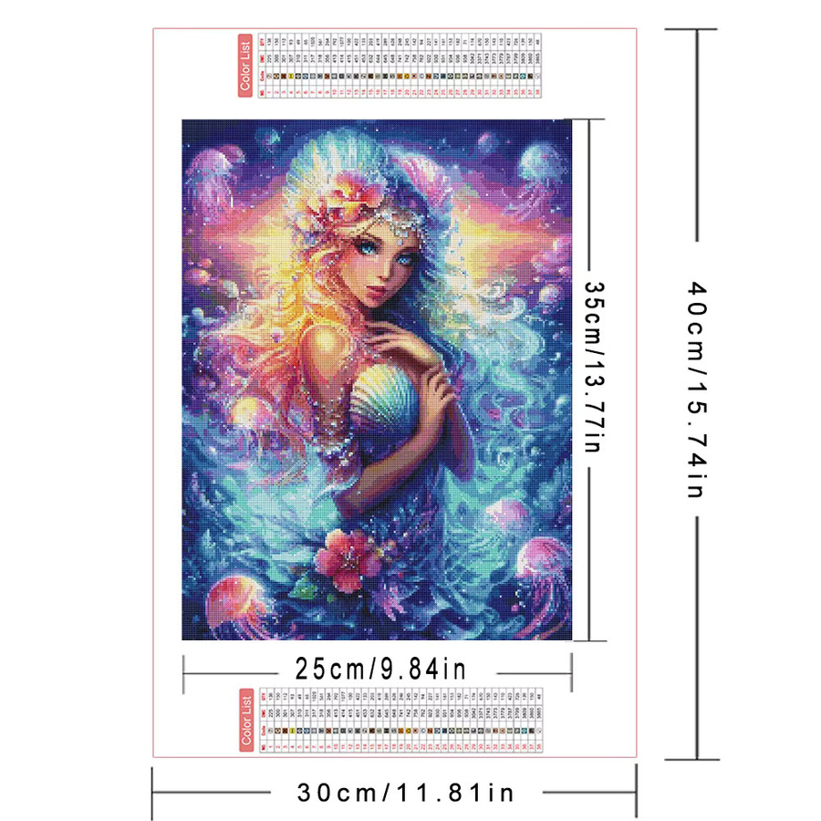 AZQSD Diamant-Mosaik Mädchenporträt Meerjungfrau mit Meeresblumen in Multicolour, runde Diamanten-Malerei mit Strass-Effekt, B/H: 30,0 x 20,0 cm - Bild 2