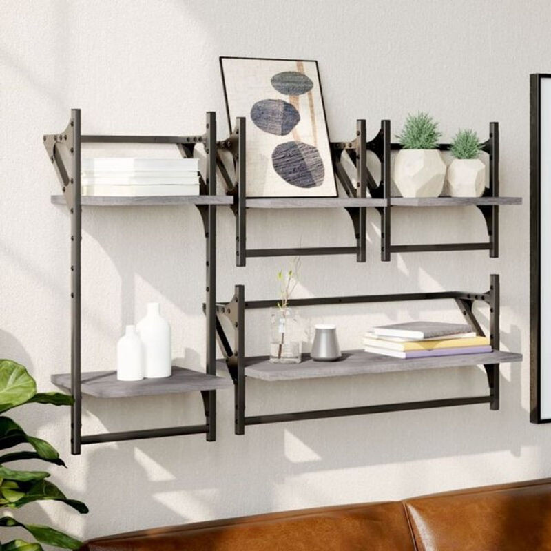 4-tlg. Wandregal-Set Vidaxl im Industrial-Design aus Holzwerkstoff und Metall, Grau - Bild 1