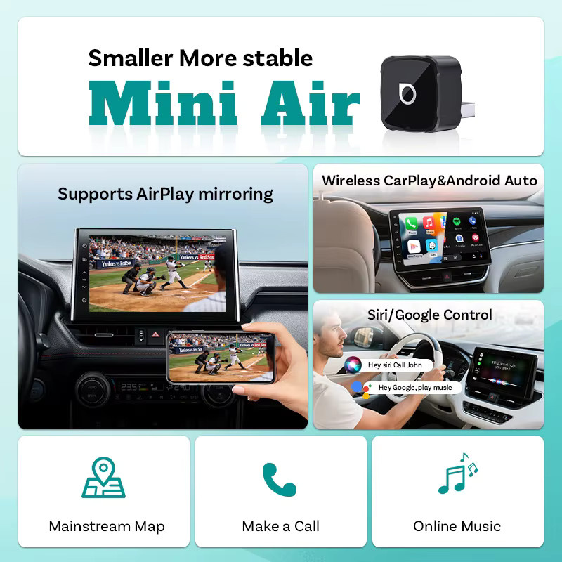 Ottocast Mini Air 3-in-1 Wireless CarPlay Android Auto und AirPlay Adapter in Schwarz mit Plug-and-Play Wireless Mirroring für YouTube, TikTok und IPTV - Bild 2