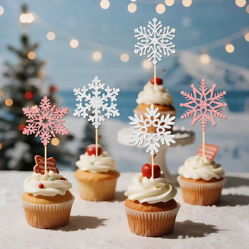 YOMDID 25 Stück glitzernde Schneeflocken-Kuchendekoration in Pink und Silber als Weihnachts-Cupcake-Topper und Schneeflocken-Picks - Bild 4