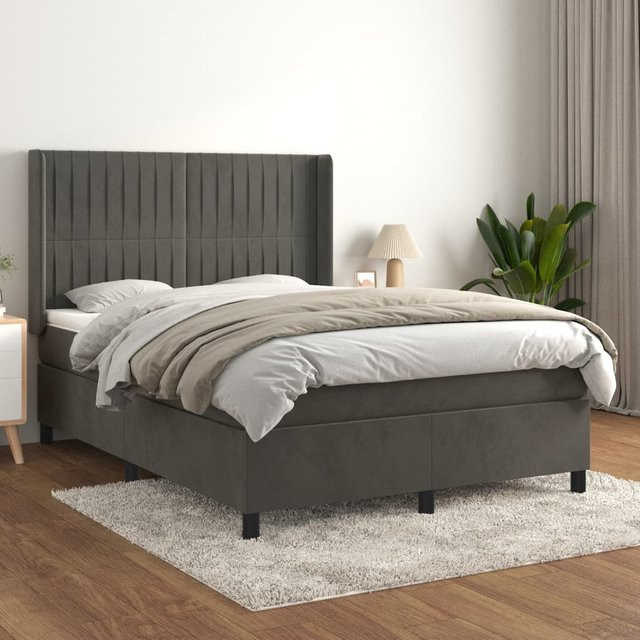 vidaXL Boxspringbett mit Matratze Hybrid-Design aus Samt, Dunkelgrau, B/T/H: 140 x 200 cm - Bild 2